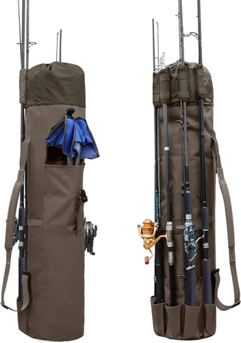 Allnice Bolsa organizadora de lona duradera para caña de pescar y carrete, bolsa de transporte de viaje, con capacidad para 5 postes y aparejos Caqui