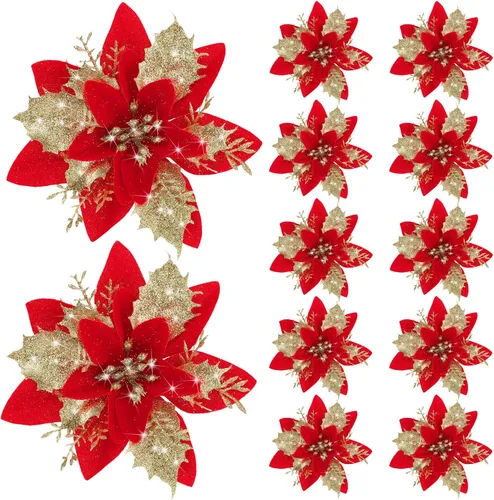 Miniatura 13 de Canlierr 12 piezas flores de Pascua de Navidad de 5.7 pulgadas con purpurina, flores artificiales con clips, adorno de árbol de Navidad para corona