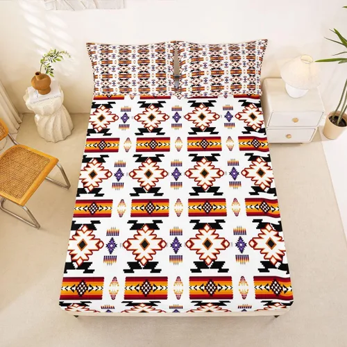 Miniatura 65 de Juego de ropa de cama occidental tamaño individual, sábanas aztecas, estilo nórdico exótico, bohemio, sábana bajera ajustable de tribu india