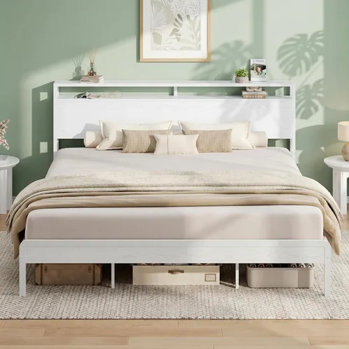 Miniatura 22 de LIKIMIO Marco de Cama King con Cabecero, Marco de Cama King de Madera Oscura con Soportes Fuertes, Resistente, Sin Ruido, No Necesita Somier, Nogal