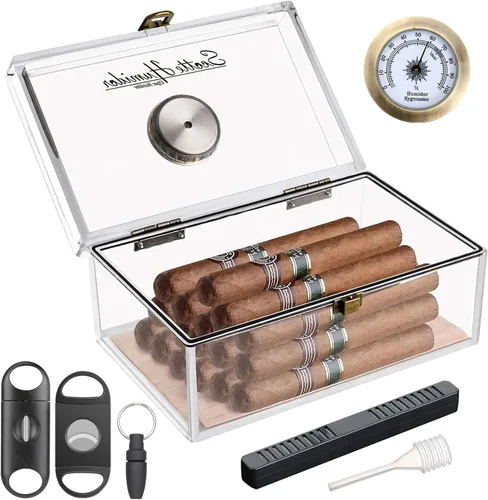 Scotte - Tarro/estuche/caja de humidificador de puros acrílico con humidificador e higrómetro, humidificador que puede contener aproximadamente 20
