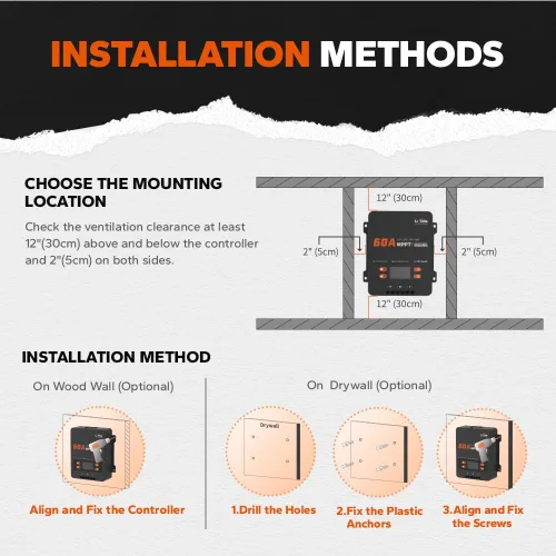 Miniatura 7 de LiTime 60A MPPT Controlador de Carga Solar (Sin Bluetooth Integrado), 12V/24V/36V/48V Auto, Entrada Máxima de PV 200VDC Pantalla LCD Regulador