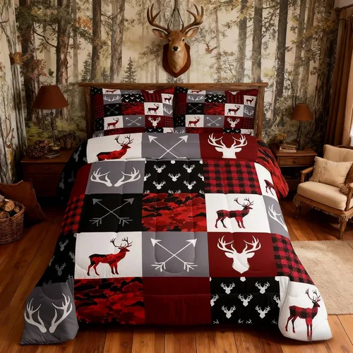 Miniatura 69 de Juego de edredón de cuernos de ciervo tamaño individual, juego de ropa de cama rústica de granja con huellas de oso y pinos para decoración
