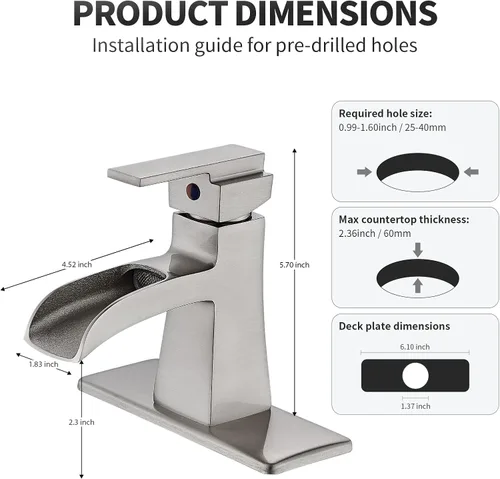 Miniatura 5 de Grifo de baño de cascada de níquel cepillado, grifo de lavabo de baño de una sola manija con desagüe pop-up y placa de cubierta para 1 o 3 orificios