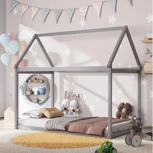 Costzon Base de cama individual de madera, plataforma estable para niños, con techo y listones de alta resistencia, no necesita somier, bricolaje