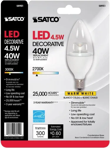 Miniatura 2 de SATCO S8951 - Bombilla LED de 4.5 W, forma de vela B11, blanco cálido de 2700 K, 300 lúmenes, base de candelabro E12, 120 voltios, regulable