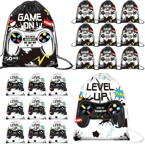 Eccliy 20 bolsas de regalo de fiesta con temática de videojuegos, bolsas de cordón para cumpleaños de jugador para niños, niños y niñas, 30 x 25 cm,