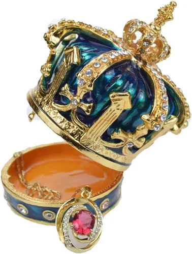 Miniatura 3 de QIFU Pintado a mano esmaltado estilo corona azul decorativo con bisagras joyería baratija caja regalo único para decoración del hogar