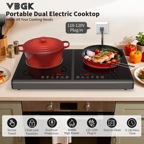 Miniatura 2 de VBGK Placa de cocina eléctrica, estufa de 110 V 3600 W, encimera de 22 pulgadas con 9 niveles de potencia, control táctil LED, protección contra