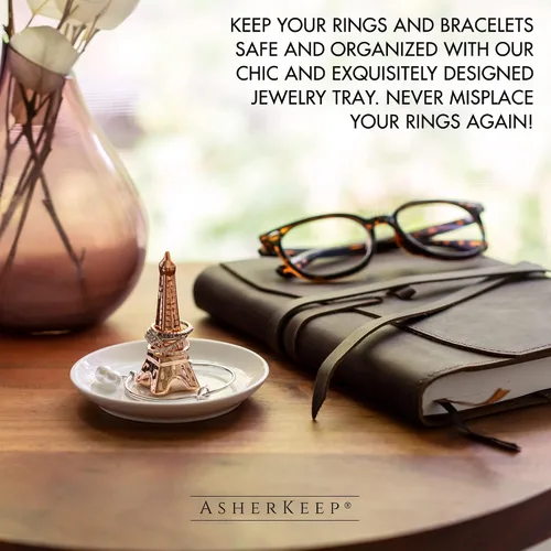 Miniatura 3 de AsherKeep Soporte para joyas, bandeja de cerámica, soporte para anillo de compromiso, soporte para placa con detalle de oro rosa para anillos