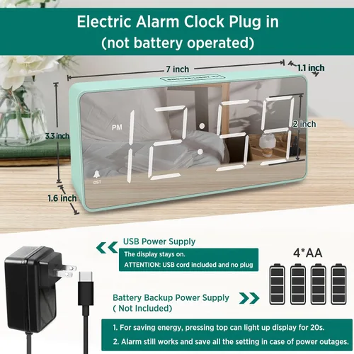 Miniatura 2 de Peakeep Reloj digital, reloj despertador alimentado por batería para dormitorios, esfera de espejo, números grandes, 6 atenuadores para personas