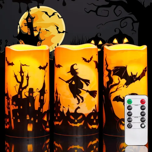 Homemory Velas de Halloween, velas sin llama naranjas, velas led de pilas impermeables para exteriores con calabazas impresas, con mando a distancia