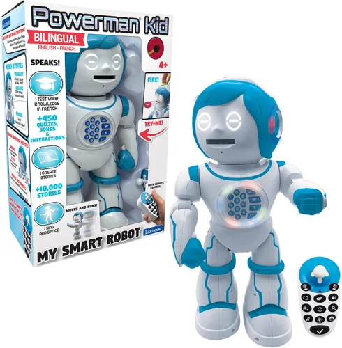 Miniatura 19 de LEXiBOOK Powerman - Robot de juguete con control remoto que camina y habla, baila, canta, lee historias, quiz de matemáticas, dispara discos e imita
