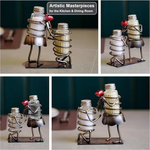 Miniatura 4 de Divertido juego de saleros y pimenteros novedad - Dos saleros de vidrio con tapas, soporte organizador de amantes de las rosas para especias
