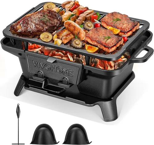 Miniatura 8 de VIVOHOME Parrilla ovalada de hierro fundido con rejillas intercambiables y plancha, 2 puertas de horno para control de calor, incluye guantes, póker