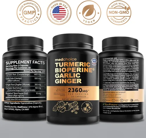 Miniatura 5 de Suplementos de cúrcuma y ajo 4 en 1 con BioPerine – Cápsulas de raíz de jengibre y cúrcuma de 2360 mg con ajo – Mezcla de hierbas de alta potencia