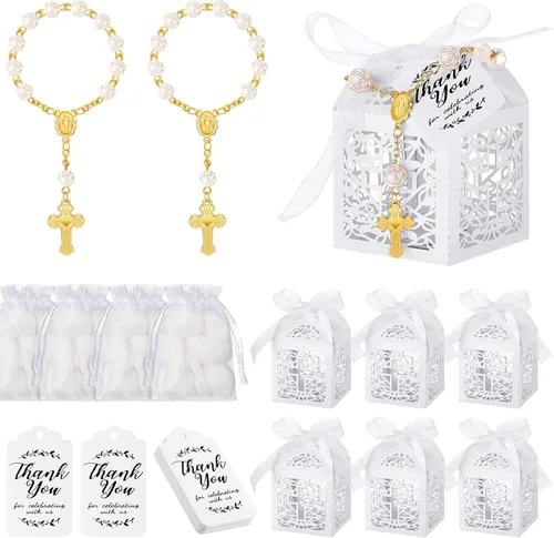 Miniatura 7 de El juego de 100 recuerdos de bautismo incluye 25 piezas de mini rosario, cajas de regalo de bautismo cortadas con láser, bolsas de organza blanca