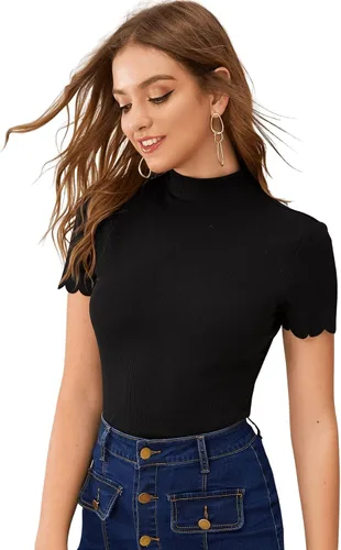 Miniatura 4 de SweatyRocks Camiseta de manga corta con cuello alto acanalado para mujer