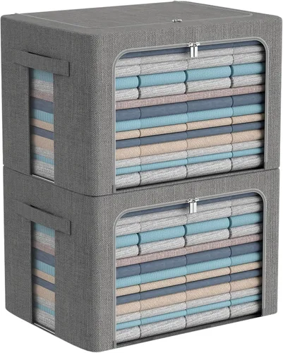 Miniatura 14 de CYhom Caja de almacenamiento de ropa, juego organizador plegable de tela de lino con ventana transparente, asas de transporte y marco de metal, 2