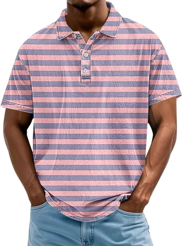 Miniatura 6 de Camisa polo de manga corta para hombre, camiseta de golf a rayas, de manga corta, para vacaciones, casual, cuello en V, camiseta de verano con Rojo