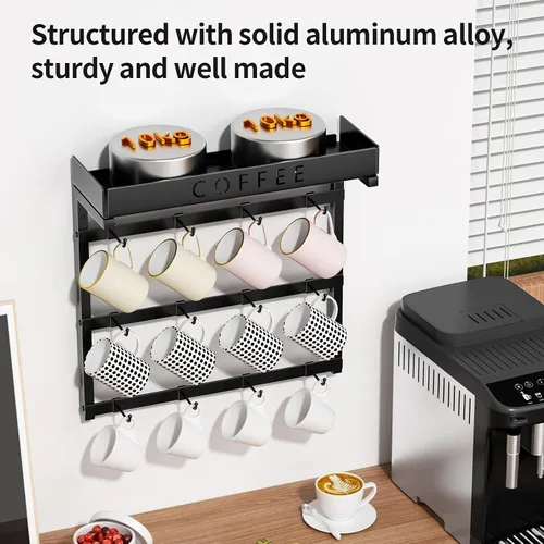 Miniatura 2 de RCHYFEED Soporte para taza de café montado en la pared, organizador de tazas para exhibición y colección de cocina, soporte de metal para tazas
