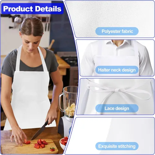 Miniatura 4 de Delantales unisex con peto, paquete de 12 delantales de chef blancos con lazos extralargos, lavables para mujeres y hombres, cocinar, restaurante