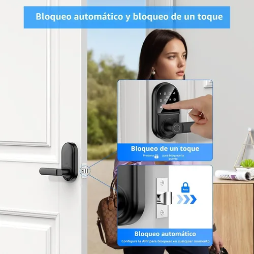 Miniatura 6 de Cerradura inteligente de puerta con teclado y asa, cerradura digital de entrada sin llave con huella dactilar con timbre incorporado para puerta