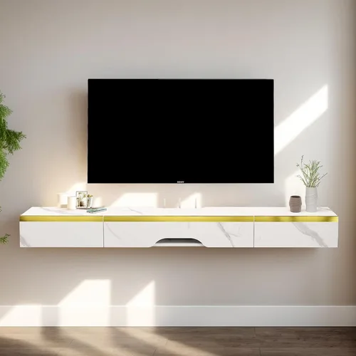 Miniatura 10 de Pmnianhua Soporte flotante para TV con 2 cajones, consola de TV de 66 pulgadas para montar en la pared, estante debajo de la TV con almacenamiento