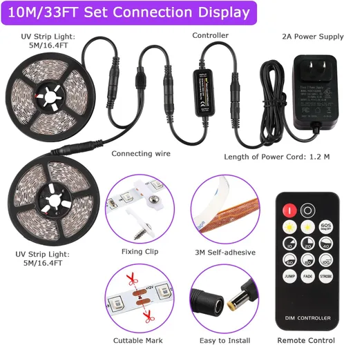 Miniatura 7 de Juego de tiras de luces LED negras mejoradas de 33 pies/10M con control remoto, 600 LEDs, lámpara de 12V autoadhesiva y ajustable, para fiestas