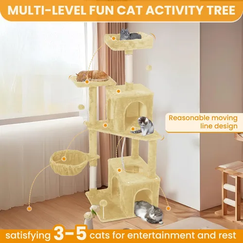 Miniatura 4 de Árbol para gatos, torre de gato de 54 pulgadas para gatos de interior, condominio de felpa de varios niveles para gatos con postes rascadores