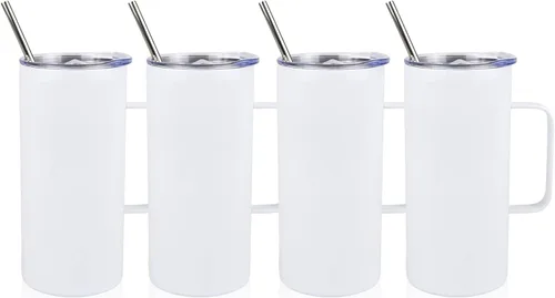 Miniatura 13 de 4 vasos delgados en blanco de sublimación de 24 onzas, tazas blancas con asa y pajita, taza recta de viaje de acero inoxidable de doble pared