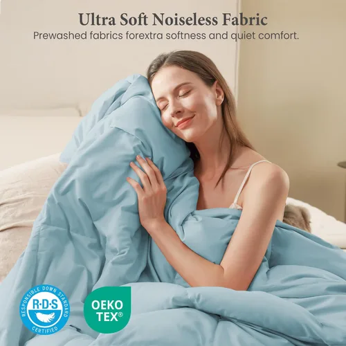 Miniatura 4 de Joysoul Edredón de plumón tamaño Queen – Relleno de plumón de ganso ultra suave y fibra de plumas para todas las estaciones, relleno de edredón azul
