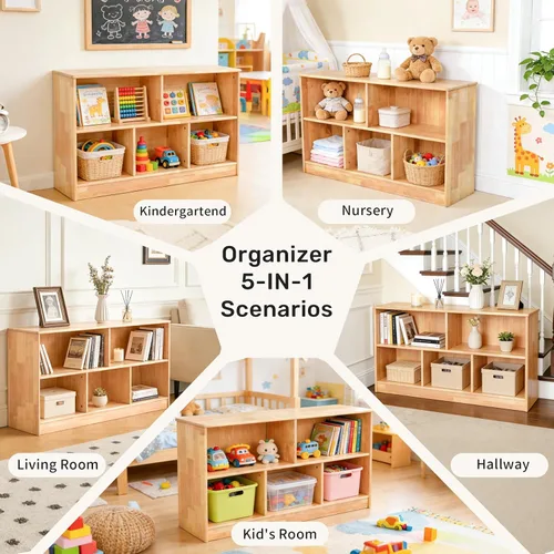 Miniatura 6 de wingyz Organizador de almacenamiento de madera, 35.5 pulgadas de largo, estante Montessori de 5 secciones para juguetes y libros, armario de madera
