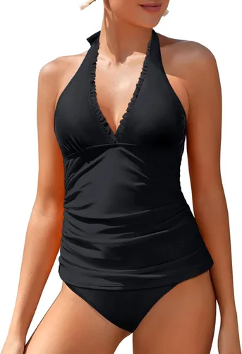 Miniatura 2 de Holipick Traje de baño tankini de dos piezas para mujer, con control de abdomen, cuello halter, con volantes, cuello en V, parte superior tankini