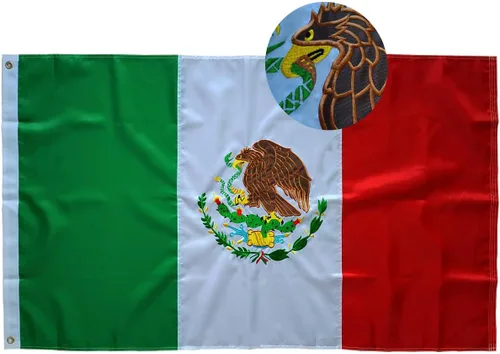 Bandera de México, bandera mexicana, 3 x 5 pies, bordada, doble costura, rayas cosidas, para exteriores e interiores, bandera de poliéster