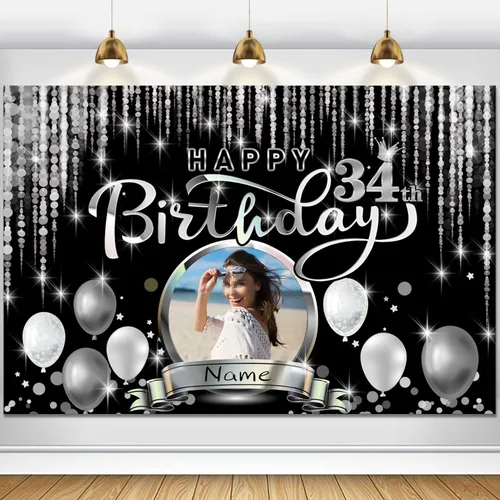 Miniatura 108 de Cartel de decoración de feliz cumpleaños número 100 personalizado - Personalización disponible - Negro y plateado - Tamaño grande - Admite fotos