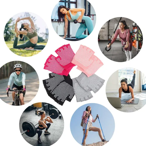 Miniatura 9 de 4 pares de guantes de yoga para mujer, antideslizantes, sin dedos, para entrenamiento de baile de pilates, con agarre mejorado y material de algodón