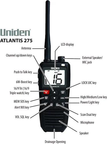 Miniatura 5 de Uniden Atlantis 275 - Radio marina VHF bidireccional de mano, sumergible IPX8 flotante impermeable, pantalla grande de doble color, 6 vatios, todos