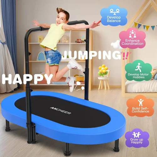 Miniatura 5 de ANCHEER 56" Double Mini Trampoline for Kids, Mini Rebounder with 5-Level Adjustable Handle, Parent-Child Trampoline for Kids, Max Load 220lbs, Fun