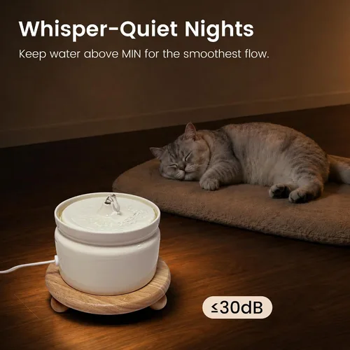 Miniatura 4 de Fuente de agua de cerámica para gatos, fuente automática para beber mascotas de 1 litro/32 onzas, bomba silenciosa alimentada por USB, triple Crema