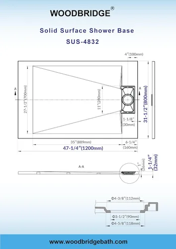 Miniatura 6 de Woodbridge Base de ducha negra de drenaje con extremo de umbral cero, perfil bajo, 47.25 pulgadas de largo x 31.5 W, accesible para silla de ruedas