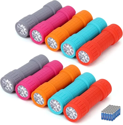 FASTPRO Paquete de 10, juego de mini linterna de 9 LED, pilas AAA incluidas y preinstaladas, perfecto para enseñanza de clase, campamento, recuerdos