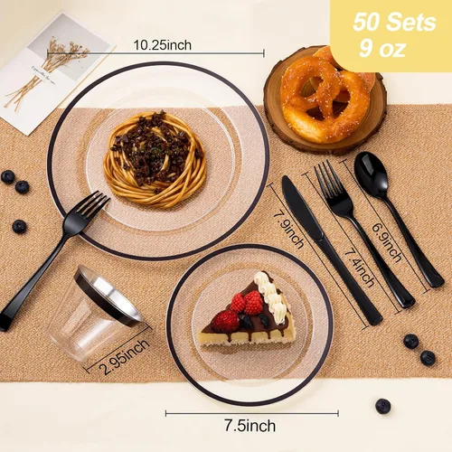Miniatura 2 de Beststar Juego de vajilla de plástico negro y transparente de 350 piezas para 50 invitados, incluye 100 platos desechables negros, 100 tenedores, 50