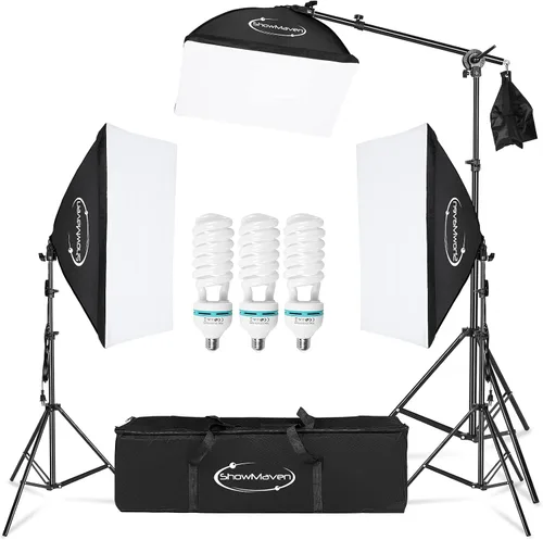 ShowMaven Softbox Kit de iluminación fotográfica, sistema de luz continua profesional, kit de iluminación fotográfica con bombillas E27 de 135 W,