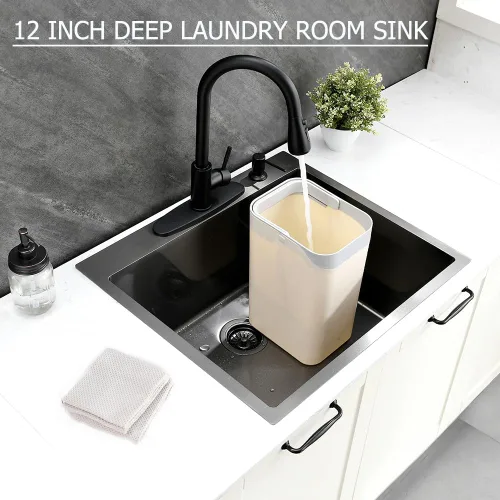 Miniatura 3 de Fregadero utilitario negro, 25 x 22 x 12 pulgadas de profundidad, acero inoxidable negro con grifo y dispensador de jabón, lavabo de montaje