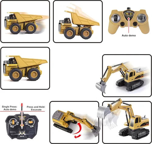 Miniatura 4 de JOYIN Juego de 2 vehículos de construcción a control remoto, excavadora RC accionada por fricción y camión volquete RC con luces y sonidos