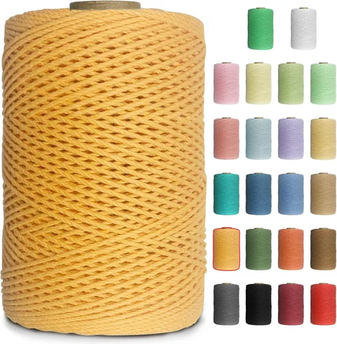 Miniatura 18 de Cuerda de macramé de colores de 0.039 in, cuerda de algodón de 656 pies, 3 hebras trenzadas, cuerda de algodón colorido para manualidades, Amarillo