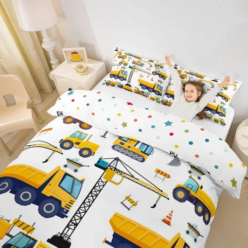 Miniatura 5 de Erosebridal Juego de ropa de cama para niños de construcción tamaño individual para niños, cubierta de edredón para camiones excavadoras, juego