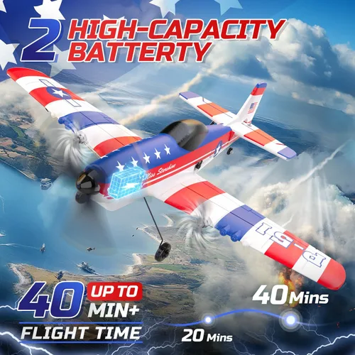 Miniatura 3 de DEERC Avión RC de 3 canales P51D Mustang con control remoto de avión de combate, 2.4 GHz, estabilizador giroscópico de 6 ejes, avión planeador RTF