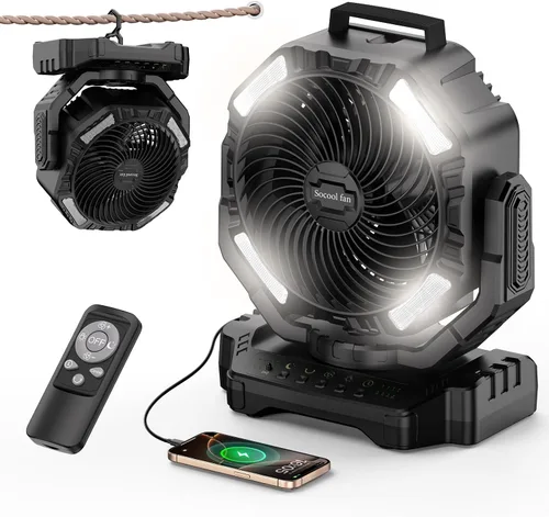 Miniatura 11 de Socool Ventilador de campamento con luz, ventilador de batería recargable de 20000 mAh, tiempo máximo de funcionamiento de 112 horas, 9 velocidades